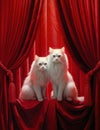 Two fluffy cats in front of a velvet red curtain. Generative AI