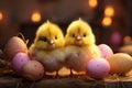 Two fluffy chicks among Easter eggs on rustic wood Royalty Free Stock Photo
