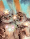 Two fluffy cute cats with colorful Christmas lights