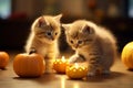 Two tabby kittens playing around pumpkins and craved pumkins with glowing candles, cute cat in halloween and thanksgiving concept