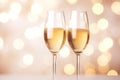 Two flute glasses with sparkling champagne on pastel pink beige background with golden bokeh lights. New Years eve celebration