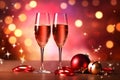 Two flute glasses with sparkling champagne on red pink golden background with golden bokeh lights confetti glitter. New Years eve