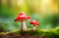 Two fly agarics close up on moss stump on blurred forest background with copy space Royalty Free Stock Photo