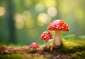 Two fly agarics close up on moss stump on blurred forest background with copy space Royalty Free Stock Photo