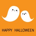 Two flying floating ghost spirit set. Happy Halloween. Scary white ghosts family. Cute cartoon character. Smiling spooky face chee