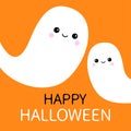 Two flying ghost spirit set. Happy Halloween. Scary white ghosts. Cute cartoon spooky character. Smiling face. Orange background. Royalty Free Stock Photo