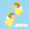 Two flying little angels blowing trumpet