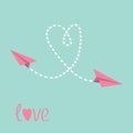 Two flying paper planes. Heart in the sky. Love c