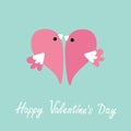 Two flying pink birds in shape of half heart. Cute cartoon character. Love card Flat design style. Happy Valentines day. Royalty Free Stock Photo