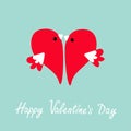 Two flying red birds in shape of half heart. Cute cartoon character. Love card Flat design style. Happy Valentines day. Royalty Free Stock Photo