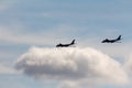 Black silhouettes flying Russian Tu-95 strategic bombers against the sky NATO reporting name: `Bear