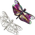 Two flying stylized dragonflies isolated on a white background. View from above. Drawing for coloring. Vector. 10 EPS