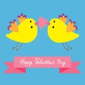 Two flying yellow bird family couple holding heart. Happy Valentines Day. Pink ribbon. Love Greeting card. Cute cartoon character Royalty Free Stock Photo