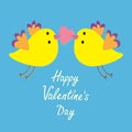 Two flying yellow bird family couple holding pink heart. Happy Valentines Day. Love Greeting card. Cute cartoon character set. Fla Royalty Free Stock Photo