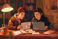 Two focused students studying late at night in a cozy library, using laptops and books under warm lamp light Royalty Free Stock Photo