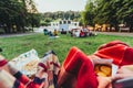 two folding chairs with cooling bag with beer and snacks in open air cinema Royalty Free Stock Photo