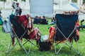 two folding chairs with cooling bag with beer and snacks in open air cinema Royalty Free Stock Photo