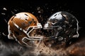 Two football helmets crashing into each other. Generative AI Royalty Free Stock Photo