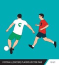 Two football opponents from different teams are fighting for the ball. Soccer players are fighting for the ball. Colorful vector