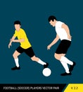 Two football opponents from different teams are fighting for the ball. Soccer players, the defender and attacker fight for the