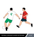 Two football opponents from different teams are fighting for the ball. Soccer players are fighting for the ball. Colorful vector
