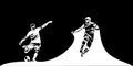 Two Football, soccer players kicking ball. Isolated vector silhouette. Football defender, striker or goalkeeper