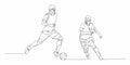 Two Football, soccer players kicking ball. Isolated vector silhouette. Football defender, striker or goalkeeper