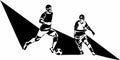 Two Football, soccer players kicking ball. Isolated vector silhouette. Football defender, striker or goalkeeper