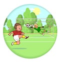 Two footballers play soccer on the field, scoring a goal. Greeting card with a pattern in a circle.Vector cartoon on a sports
