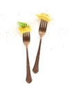 Two forks with different ravioli, basil leaf and pepper on a white background