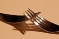 Two forks entangled in low light Royalty Free Stock Photo