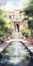 Delicate Watercolor Anime Drawing Of A Colorful Garden Fountain