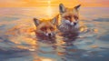 Stunning Ocean Sunset: Two Foxes In Realistic Portrait Style