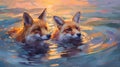 Playful Foxes Swimming At Sunset: Realistic Portrait Painting