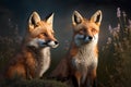 Two foxes in the meadow. 3D rendering. Fantasy.