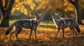 Coyotes Stroll Through Golden Autumn Leaves, Wildlife in Natural Habitat on a Sunny Day Royalty Free Stock Photo