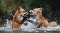 Two foxes playing in the water with each other, AI