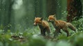 Two foxes are running through the forest in a rainstorm, AI Royalty Free Stock Photo