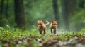 Two foxes running through the grass in a forest, AI Royalty Free Stock Photo