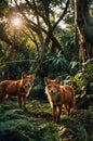 Two Red Foxes Standing in Lush Green Forest at Sunset Royalty Free Stock Photo