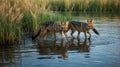 Two Coyotes Wading Through Calm Water Near Tall Grasses at Sunset Time Royalty Free Stock Photo