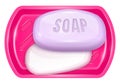 Two fragrant purple soap bar at plastic pink basin. Royalty Free Stock Photo