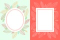 Two frames with floral, leafy design. Round and rectangular substrate with copy space, white and multi-colored streaks leaves Royalty Free Stock Photo