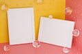 Two Frames Stylish Mock Up Poster Template on Corner Room. Glass Bubbles Fresh and Minimal 3D Rendering. Yellow and Pink