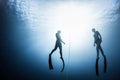 Two free divers ascending from the depth