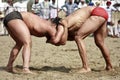 Two free hand wrestlers in action during a match in rural India