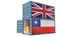 Two freight container with Chile and United Kingdom flag. Isolated on white