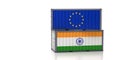 Two freight container with India and European Union flag.