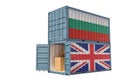 Two freight container with United Kingdom and Bulgaria flag.