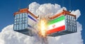 Two freight containers with Israel and Iran national flag crashing into eachother.